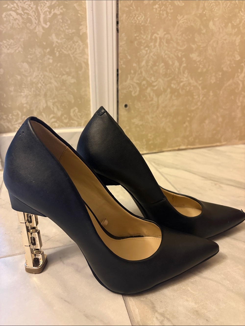Katy Perry Black Pointed-Toe Pumps with Sculpted Gold Heel
